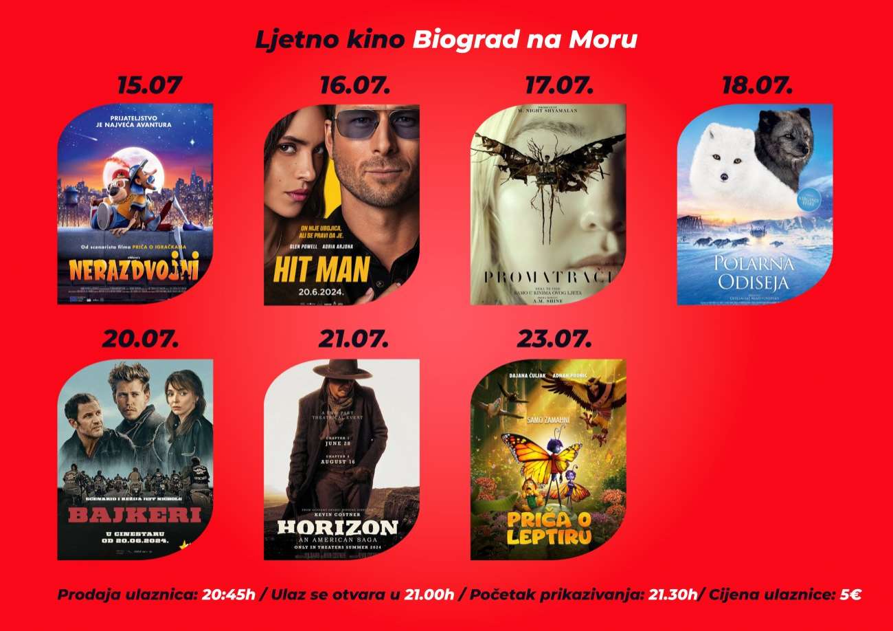 Ljetno kino Biograd na Moru - raspored projekcija od 15. do 23. srpnja