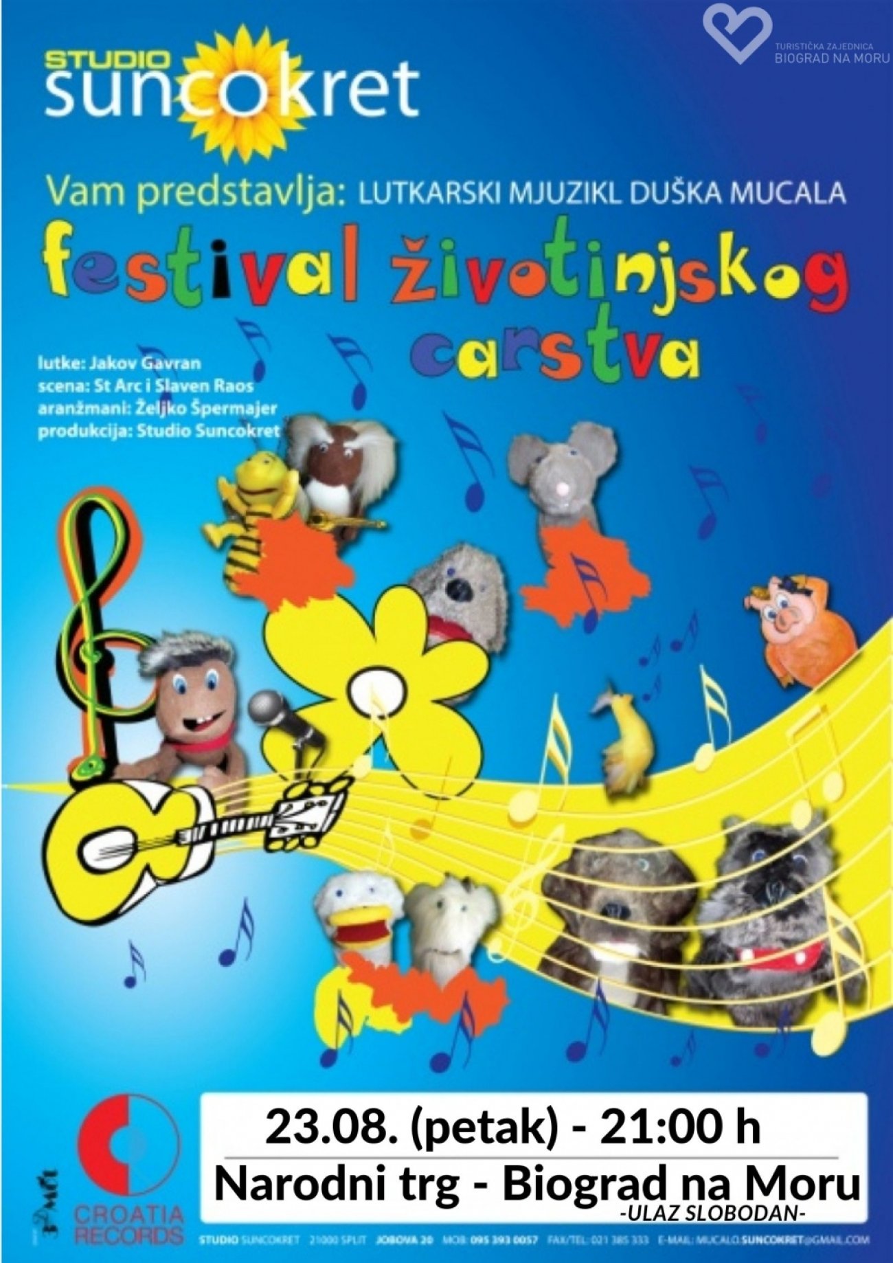 23.08. (petak) u 21 sat na Narodnom trgu (trg Brce) održava se lutkarski mjuzikl &quot;Festival životinjskog carstva&quot;